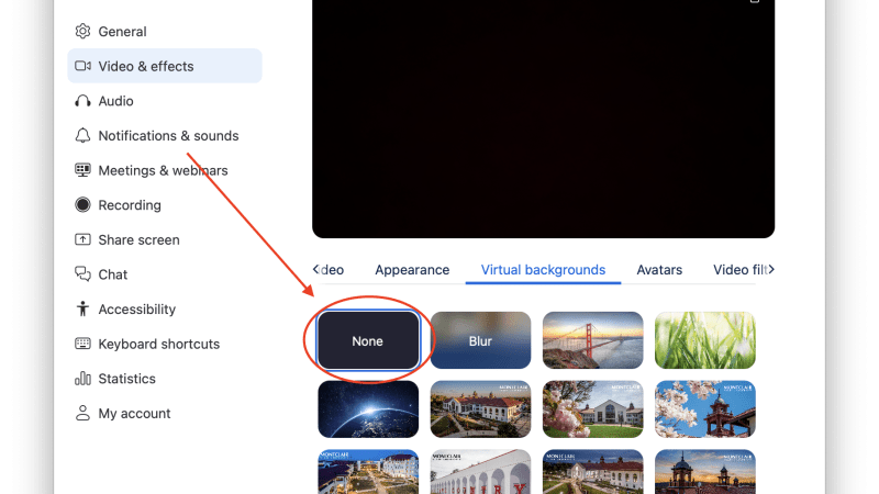 Selecting None as a Zoom background.