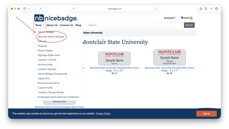 Selecting the reorder badges in the dropdown menu.
