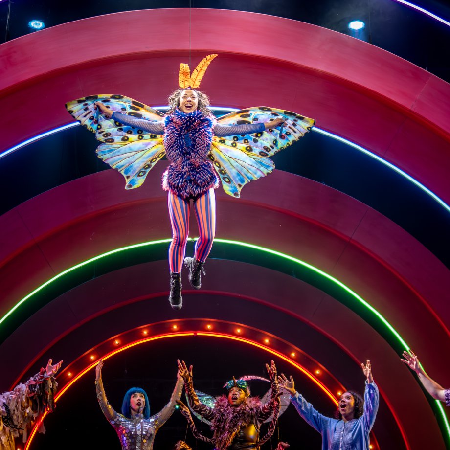 performers on stage singing flying dancing