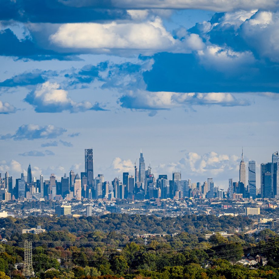 View of NYC skyline from campus on a partly cloudy day