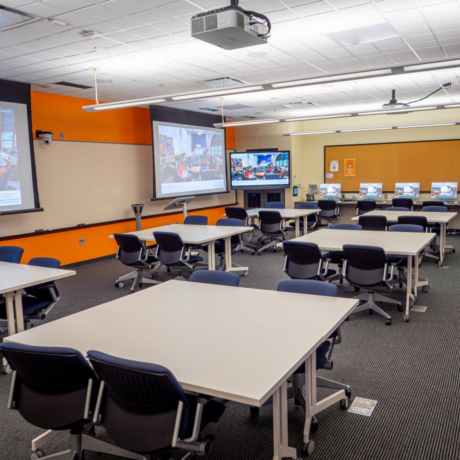 Classroom with tables and projector screens