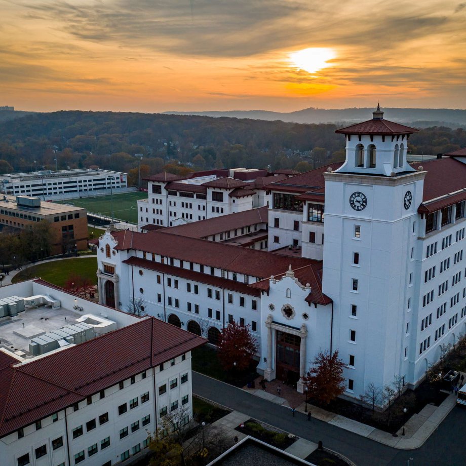 The School of Nursing/The Graduate School is the building to the left. 