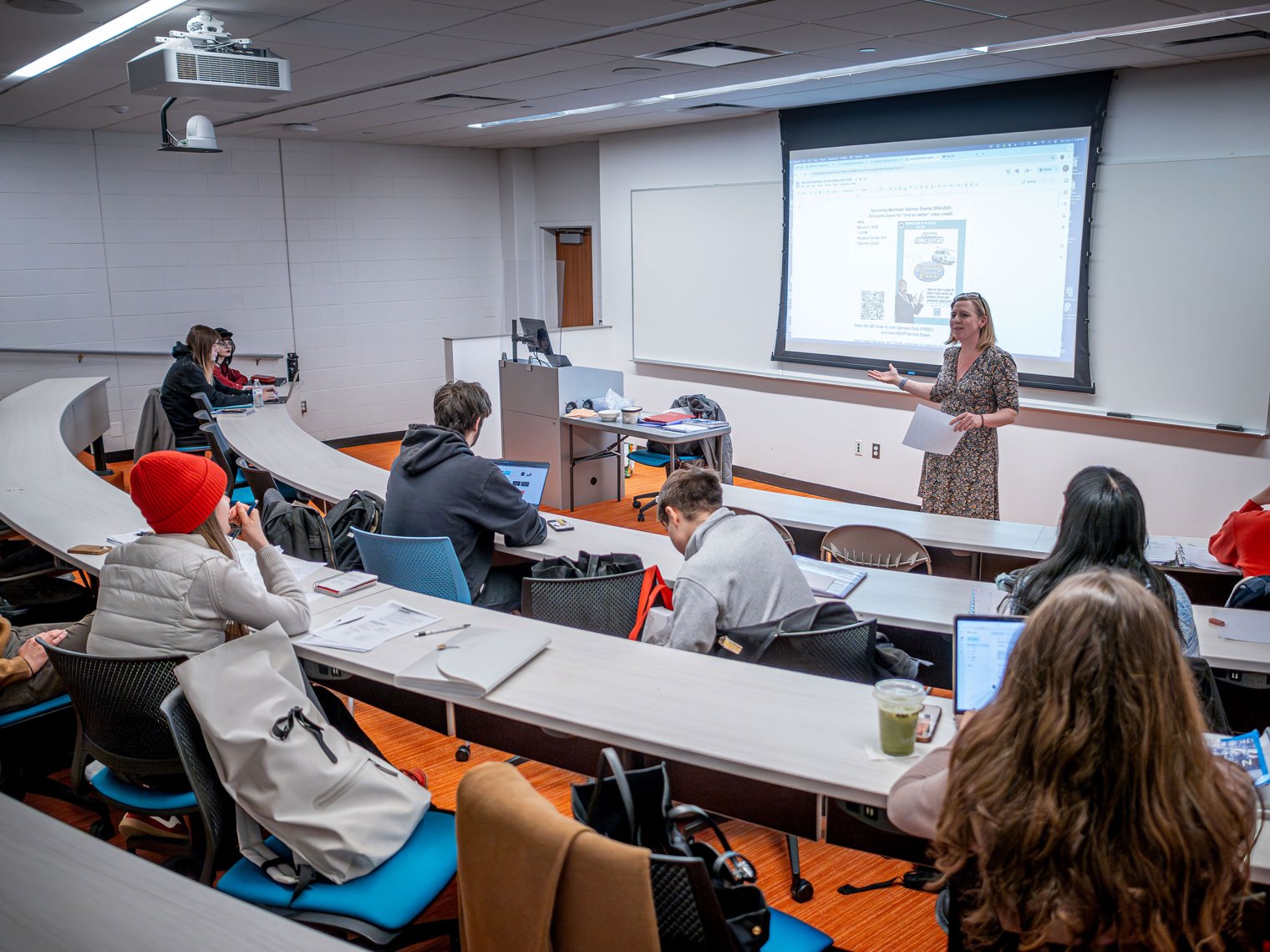 Associate Professor Pascale N. LaFountain stands at the front of a classroom as students listen.