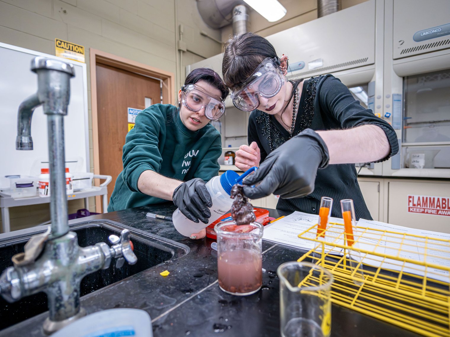 Sarah and Katie wash a piece of aluminum foil during a Chemistry lab experiment. This day’s assignment was to determine the percent of copper in a compound using gravimetric analysis, a quantitative method used to determine the amount or concentration of a substance in a sample based on its mass.