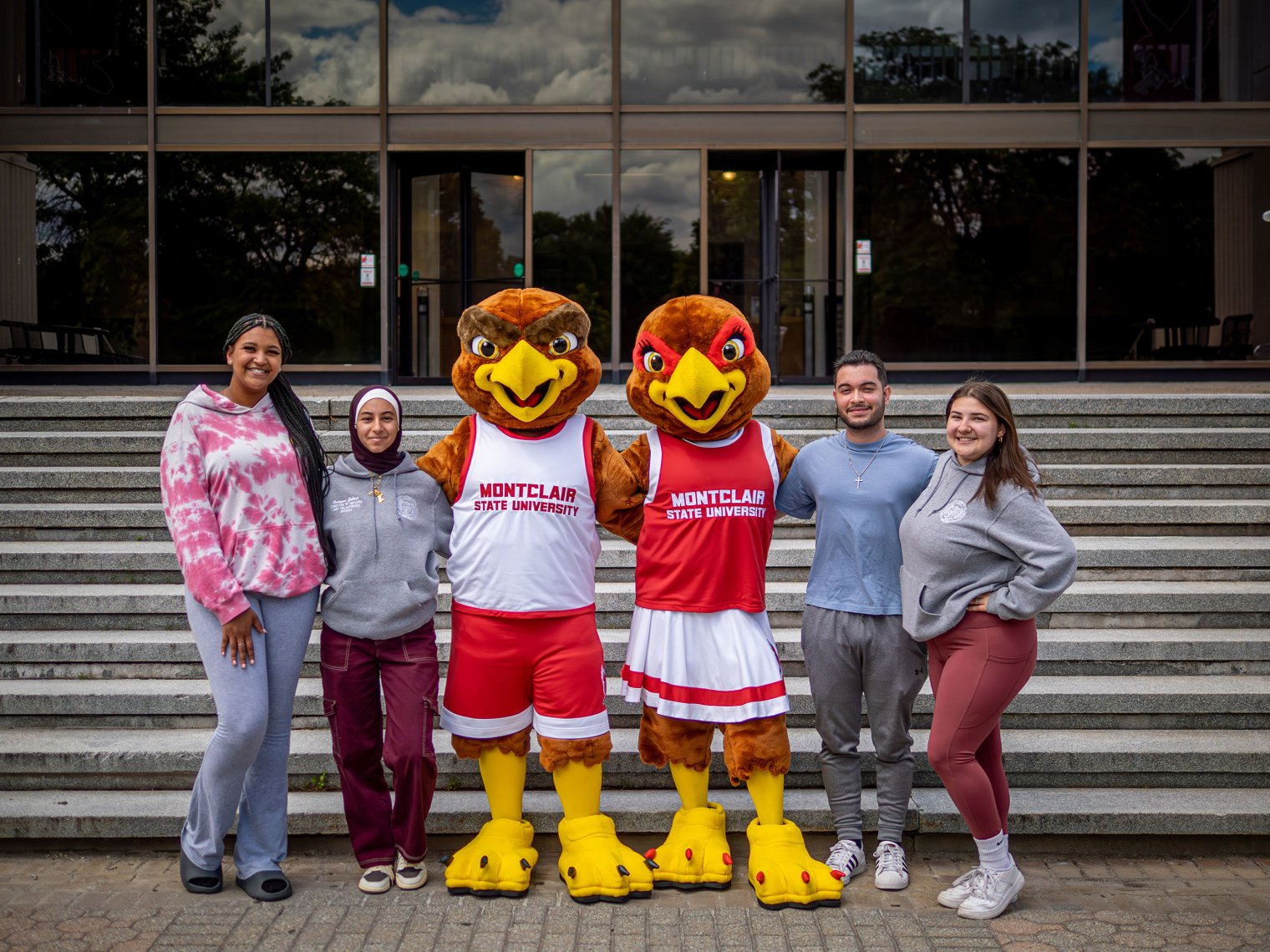 Members of Montclair’s Student Government Association pose with the new Rocky and Roxy.