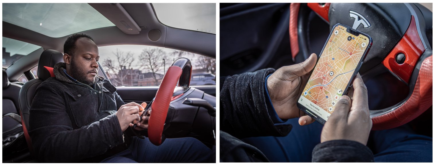 Two photos show Horatio Wauchope in his car. In the first photo, he is seated behind the wheel, looking down at his cellphone. The second photo is a close-up of his phone screen displaying the Uber app navigation map
