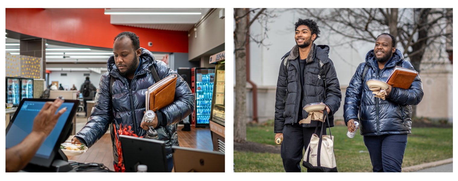 Two photos show Horatio Wauchope and his friend Gustavo Quintero, both Sociology majors at Montclair State University. In the first photo, Horatio pays for food in the Student Center cafeteria. In the second, they walk across campus toward their favorite study spot.