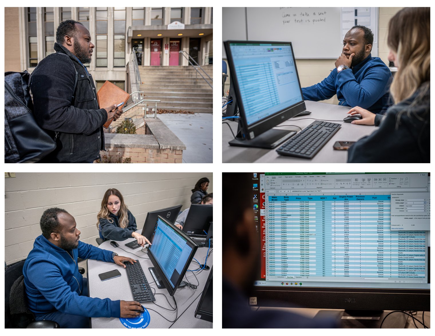 A collage of four photos shows Horatio Wauchope in an advanced Excel class at Bloomfield College of Montclair State University. He works on a laptop, charting and organizing data for a class project that analyzes companies and their inventories.