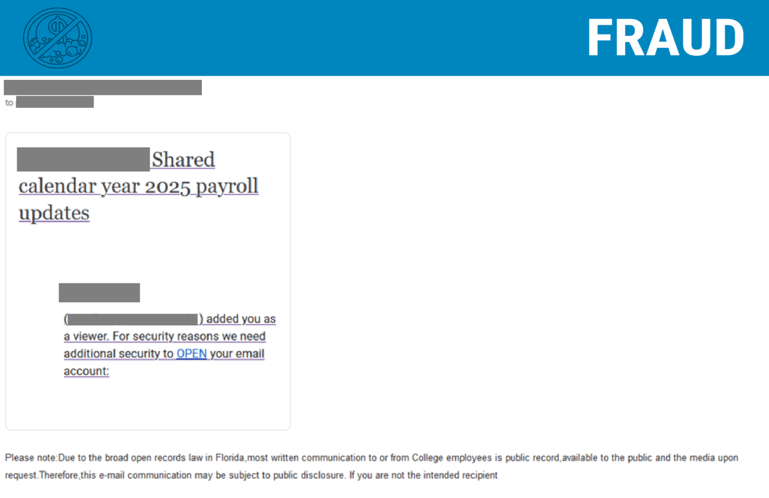 Screenshot of a phishing email posing as Payroll.