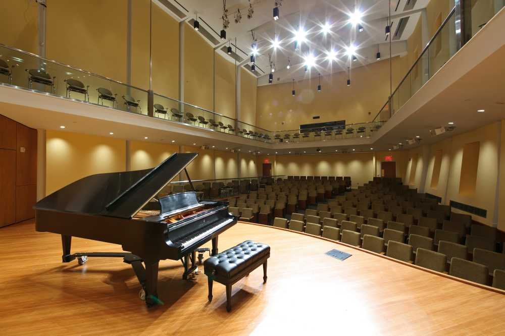 Piano on stage at Leshowitz Recital Hall in Chapin Hall Cali School of Music