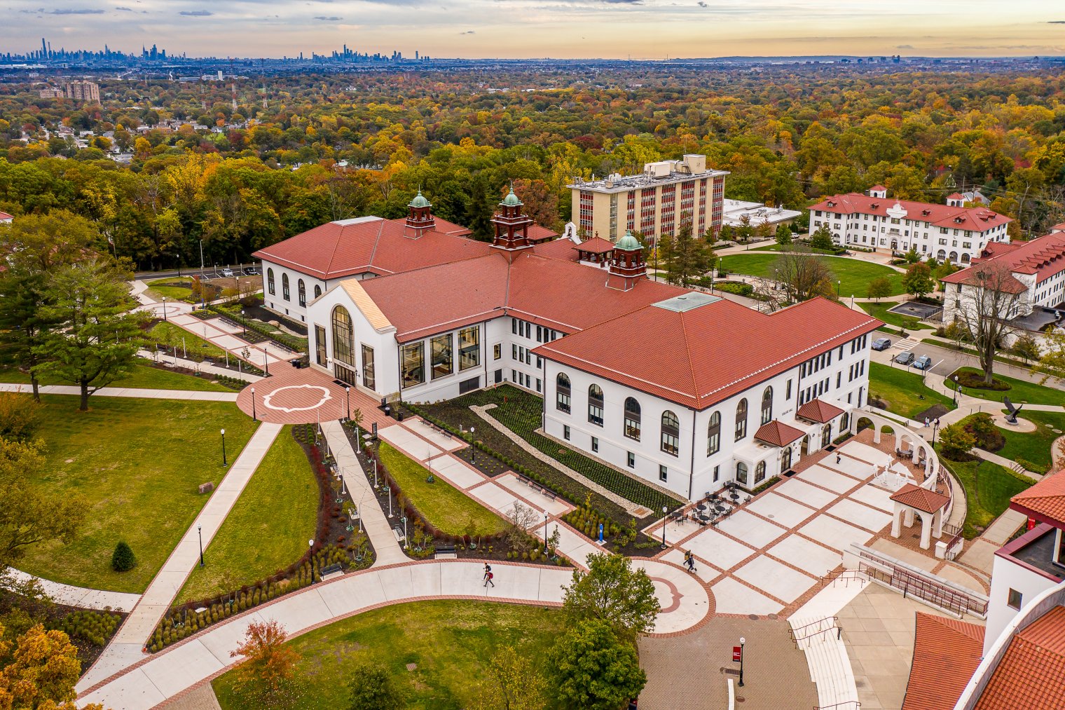 This image shows an aerial view of Cole Hall at Montclair State University.
