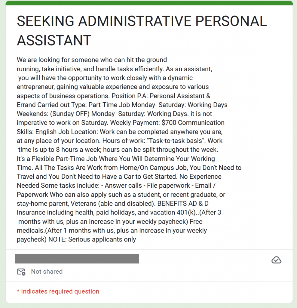 Screenshot of the Google Form attached to the fake job offer.