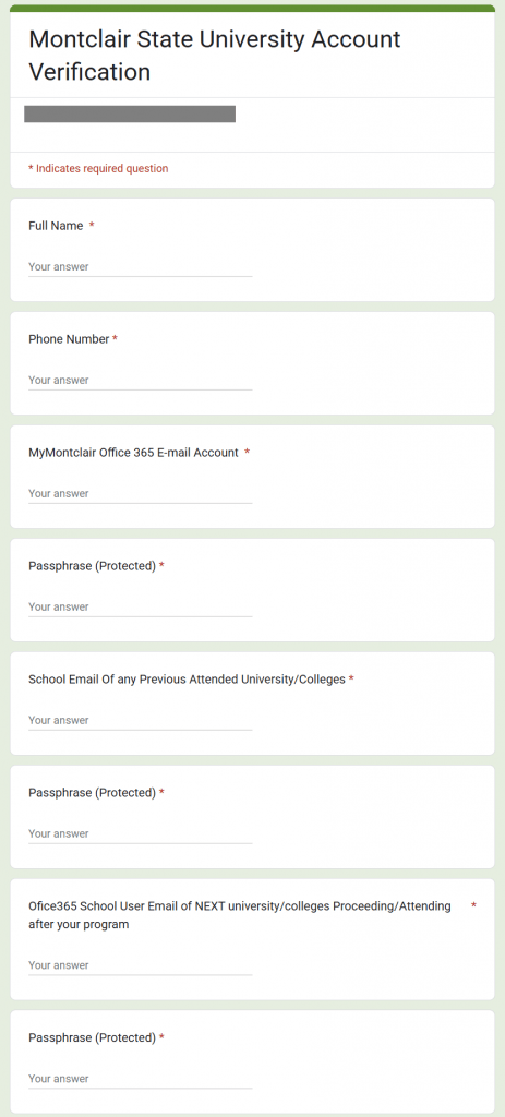 Screenshot of Google Form associated with a phishing IT email.