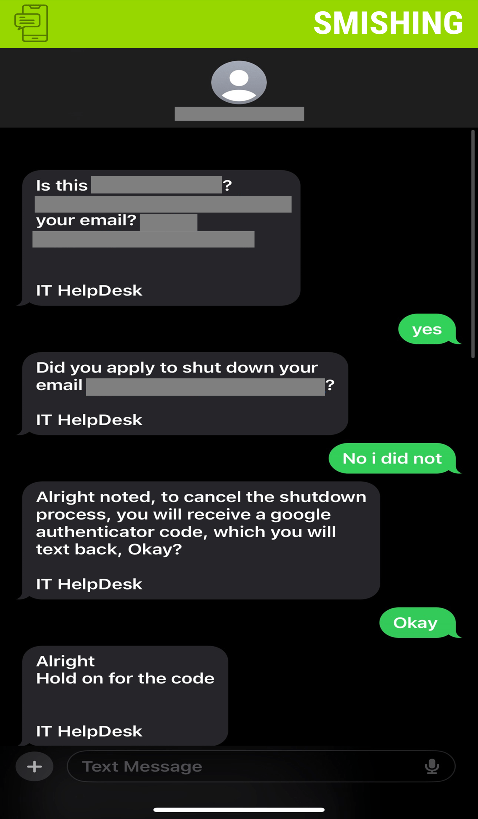 Screenshot of phishing text messages posing as IT.