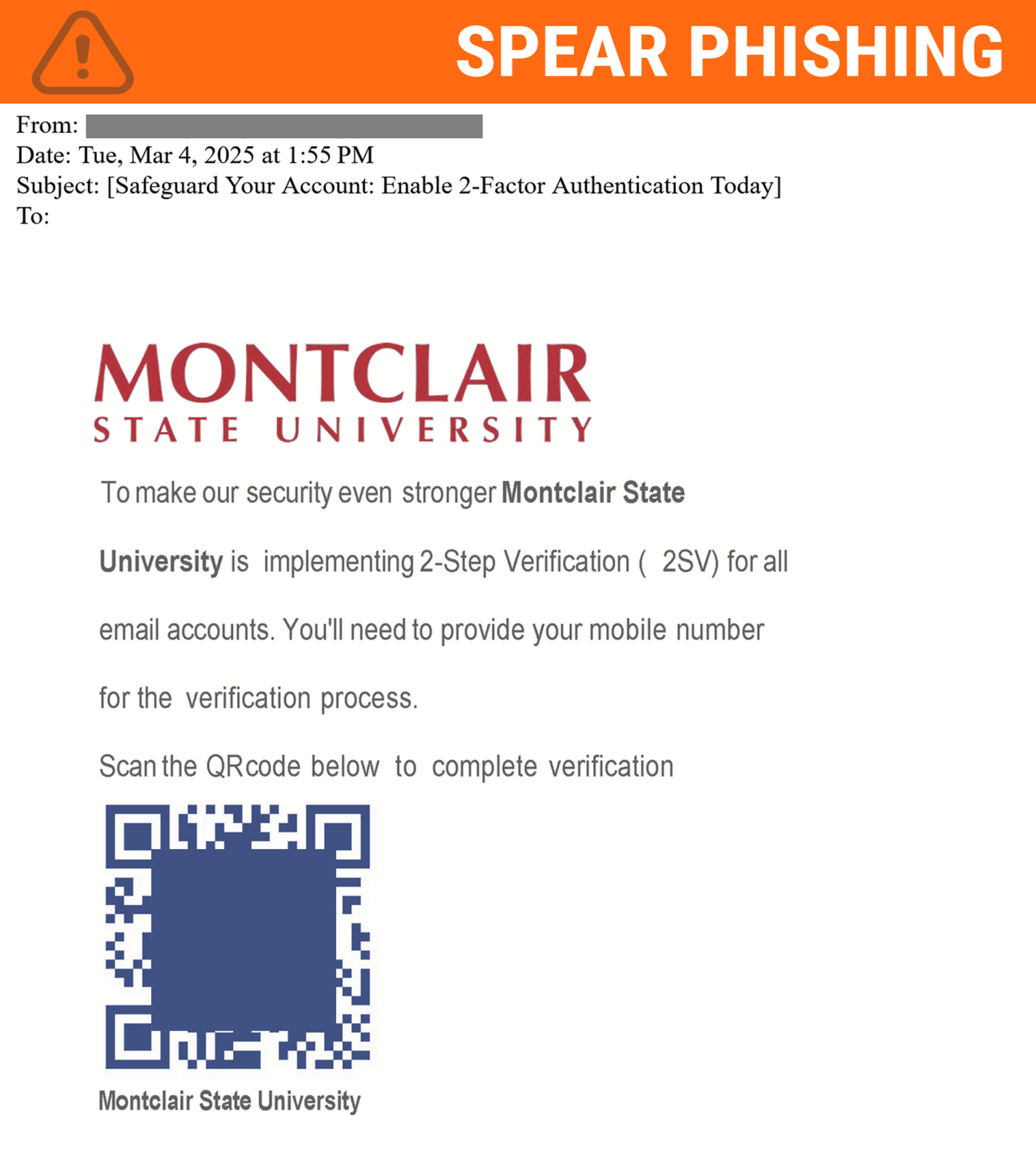 Screenshot of a phising email posing as Montclair with a QR code.