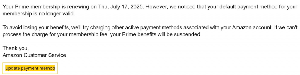 Screenshot of phishing email posing as Amazon for updating your payment method.