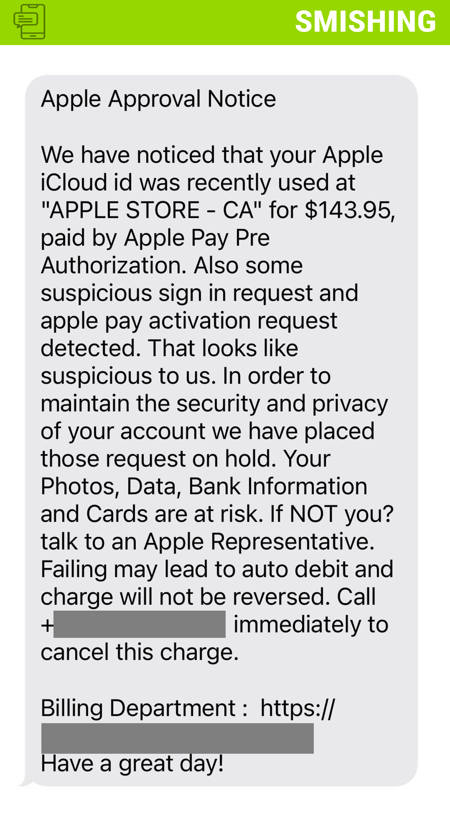 Screenshot of a phishing text message posing as Apple.