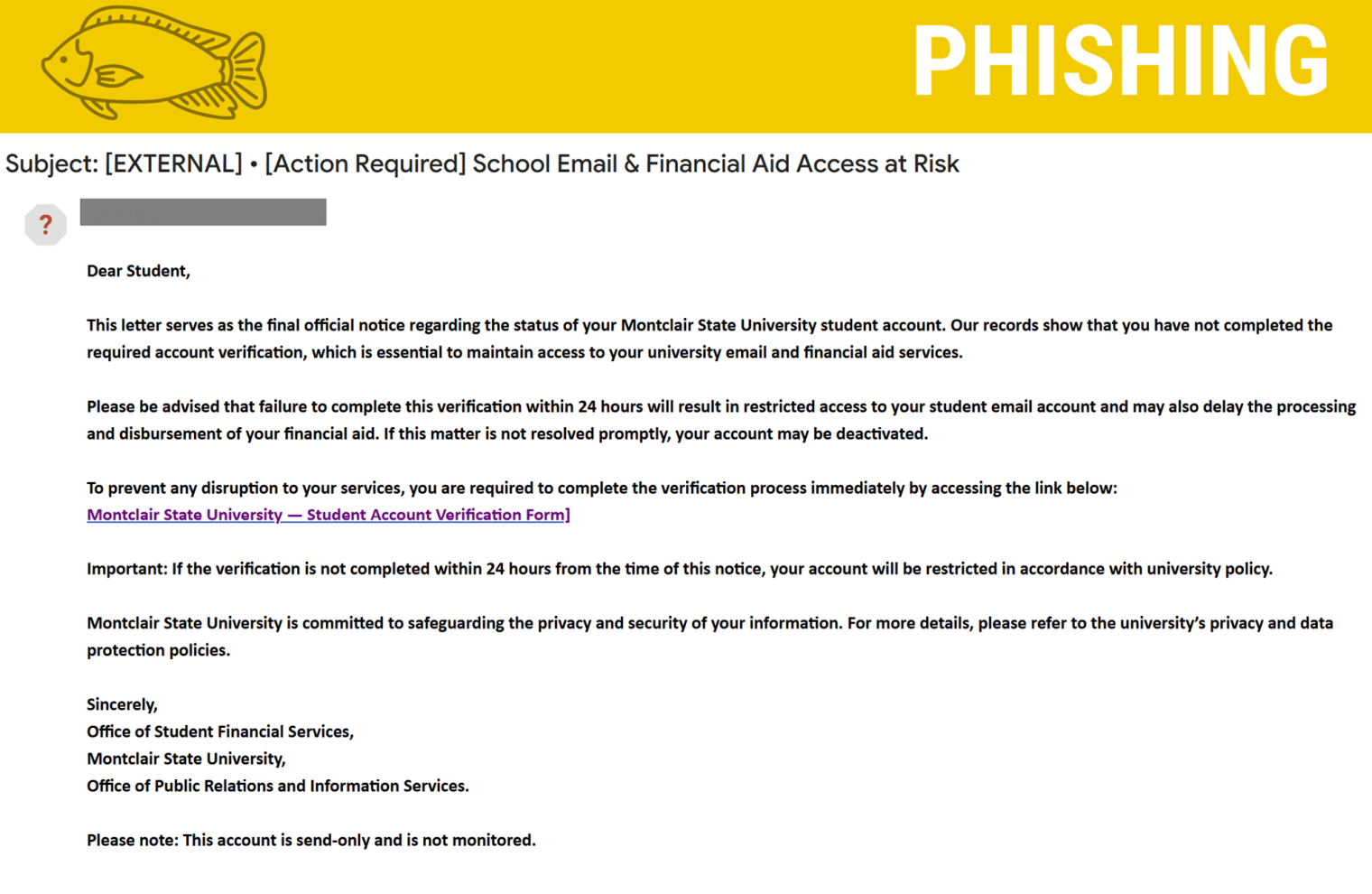 Screenshot of phishing email stating the student account needs verification