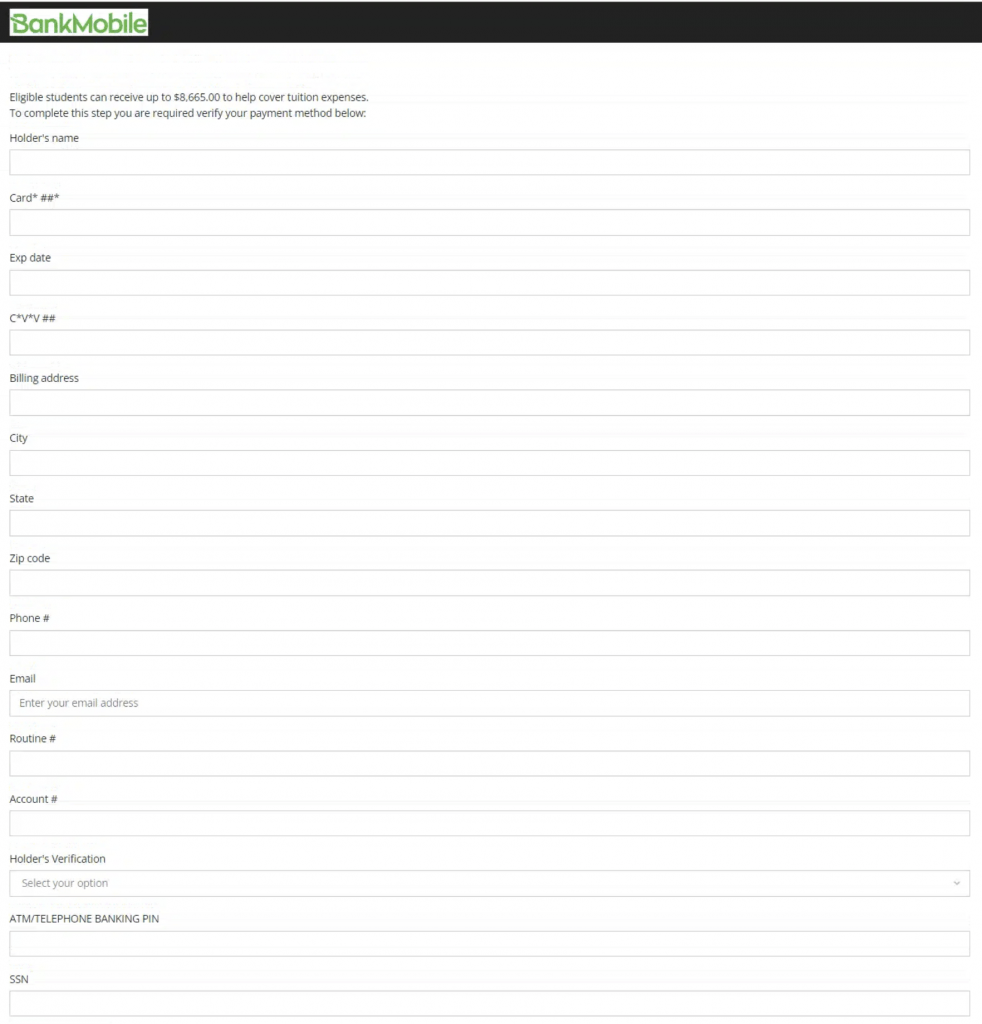 Screenshot of phishing webpage asking for personal information related to the tuition phish.