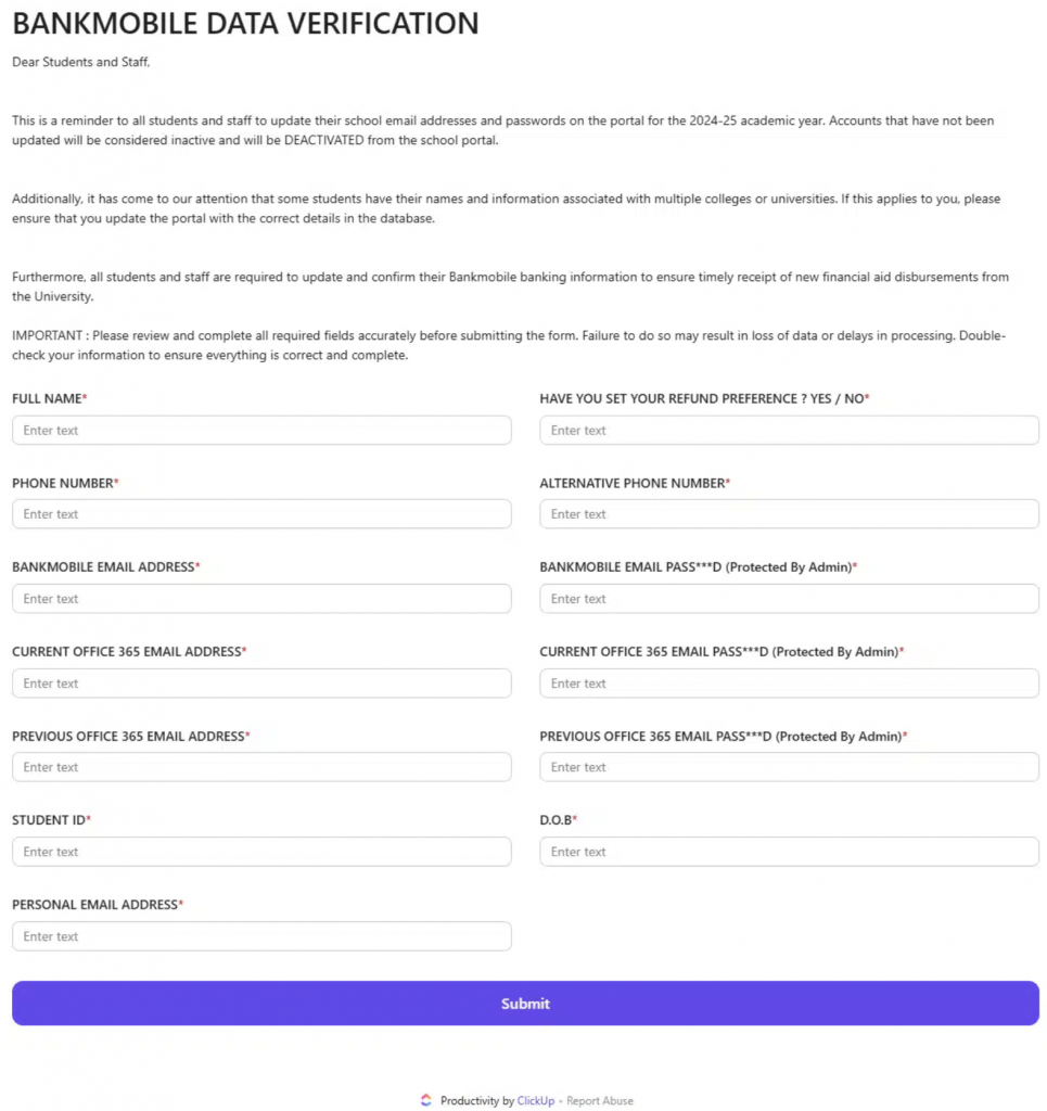 Screenshot of the BankMobile phish page utilized to gather data.