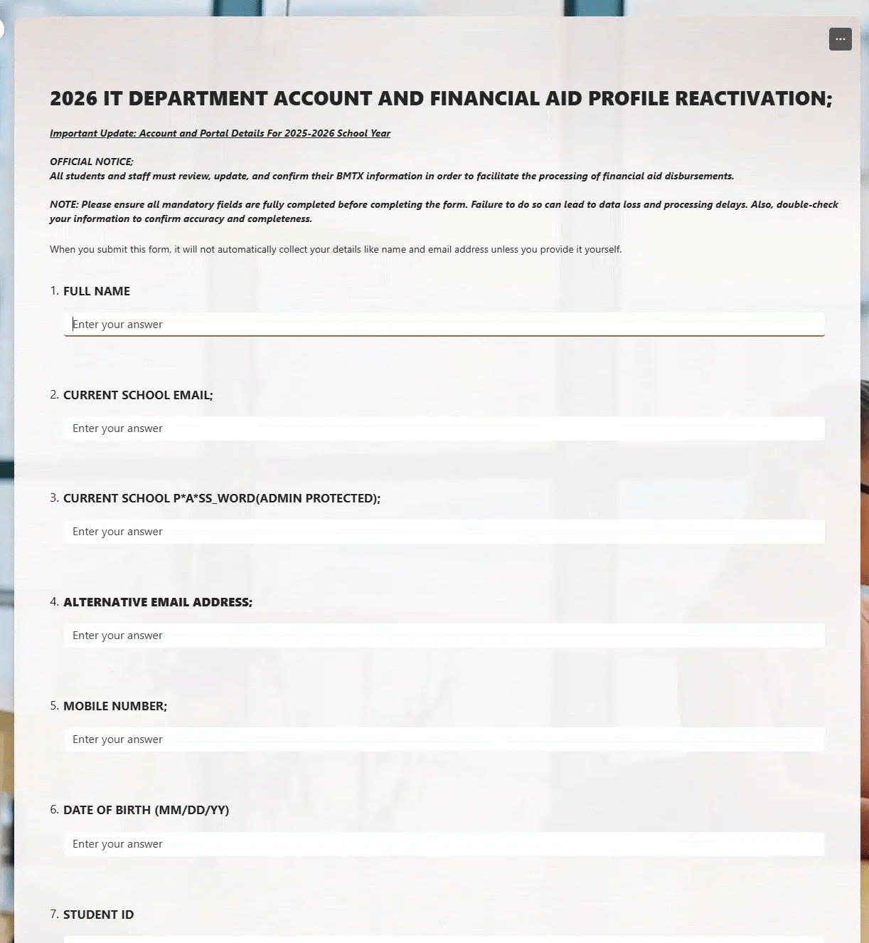 Screenshot of a form being utilized for the Student Accounts phish