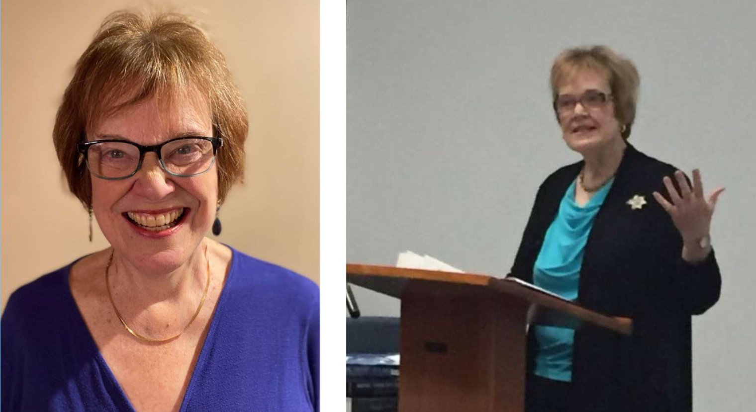 Barbara Wheeler headshot and Barbara Wheeler standing at a lecturn
