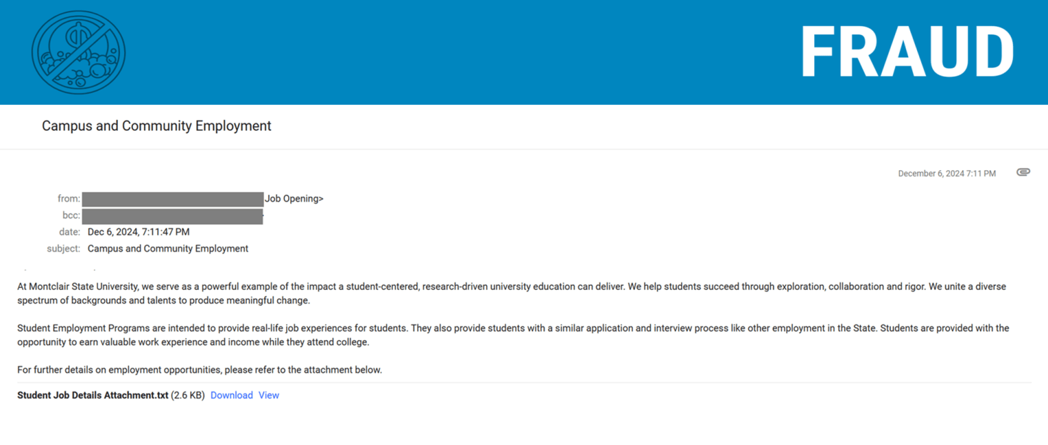 Screenshot of a phishing email for a fake job offer.