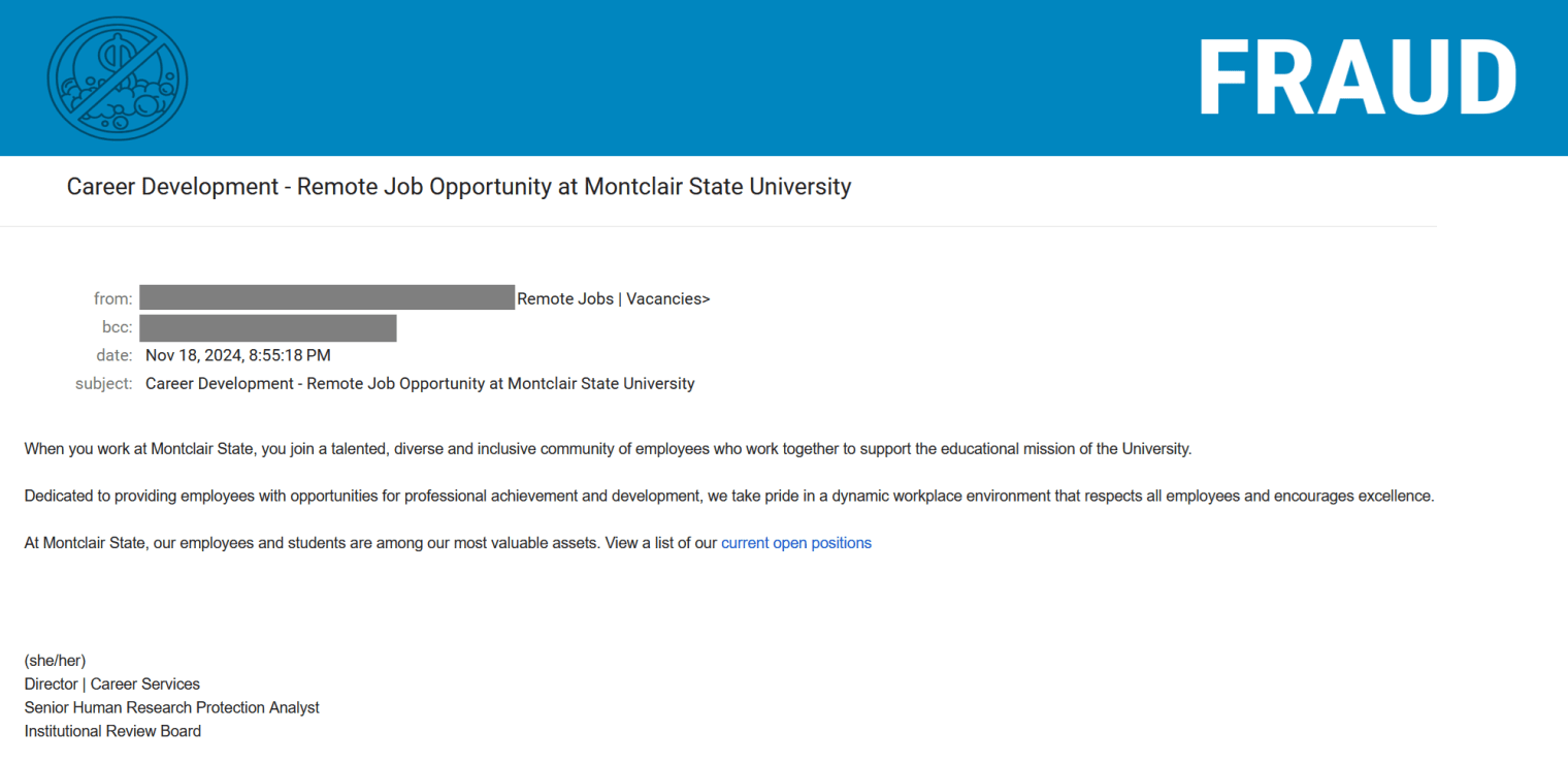 Screenshot of phishing email posing as a job opportunity.