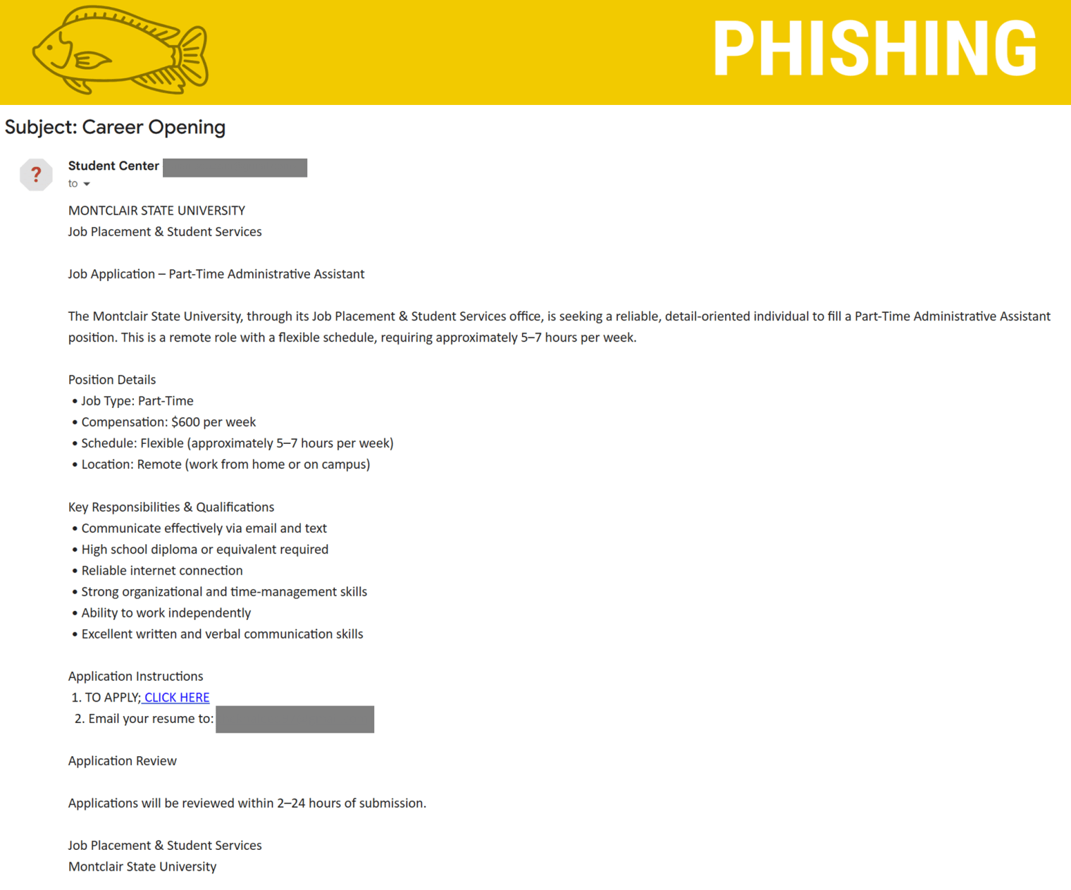 Screenshot of a phishing email for a fake job offer