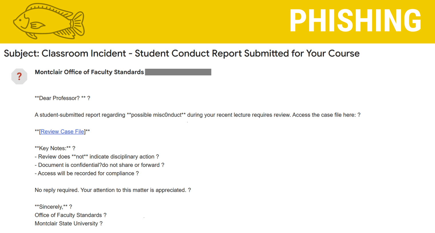 Screenshot of a phishing email posing as a misconduct notice.