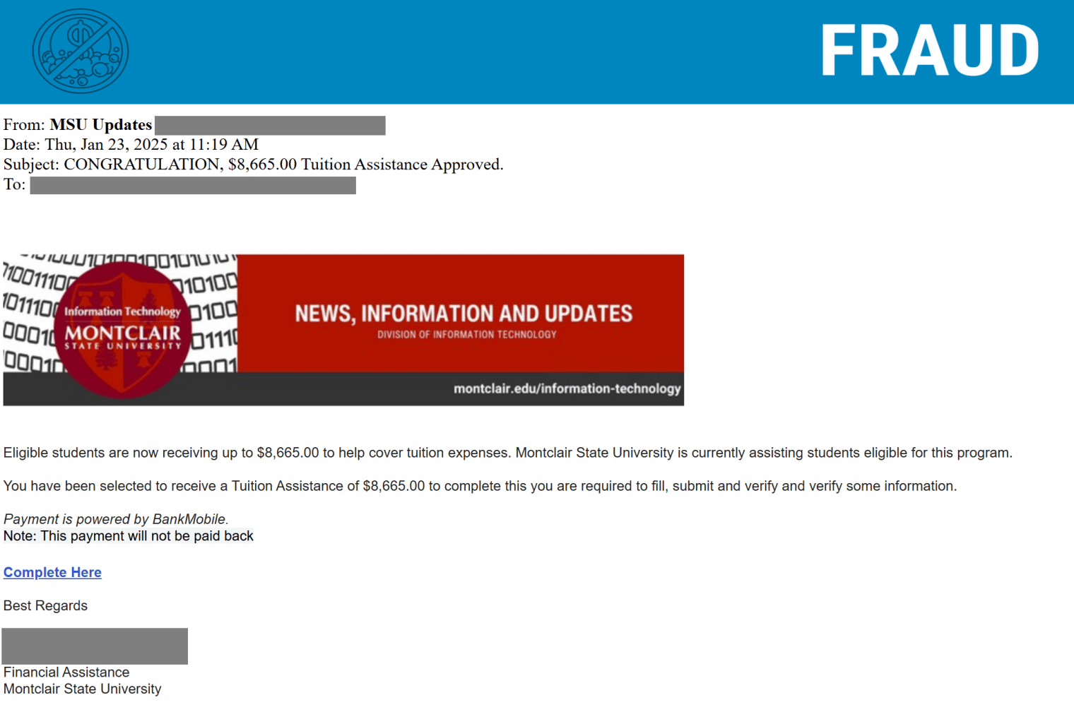 Screenshot of phishing email using the IT news banner stating users are getting tuition assistance.