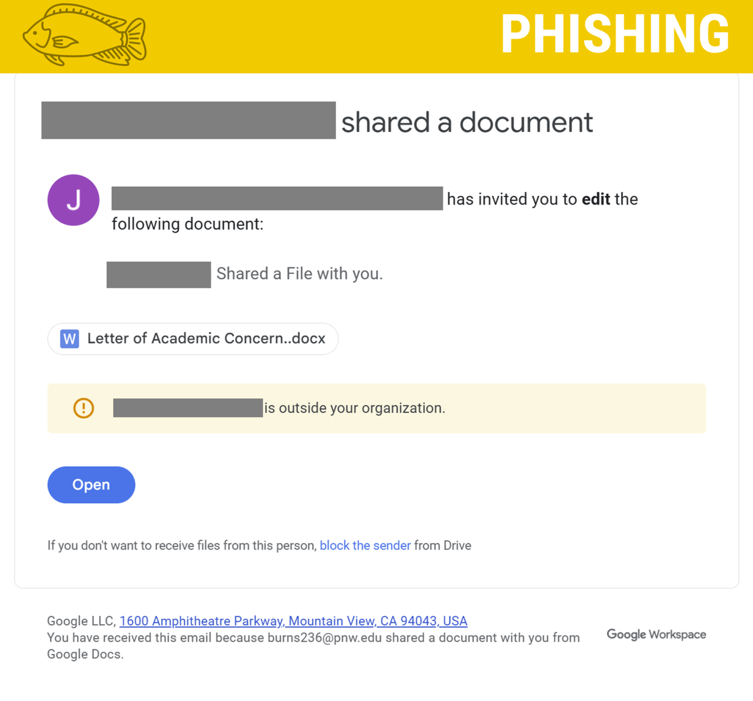 Screenshot of a phishing email presented as a Google Doc for interviews