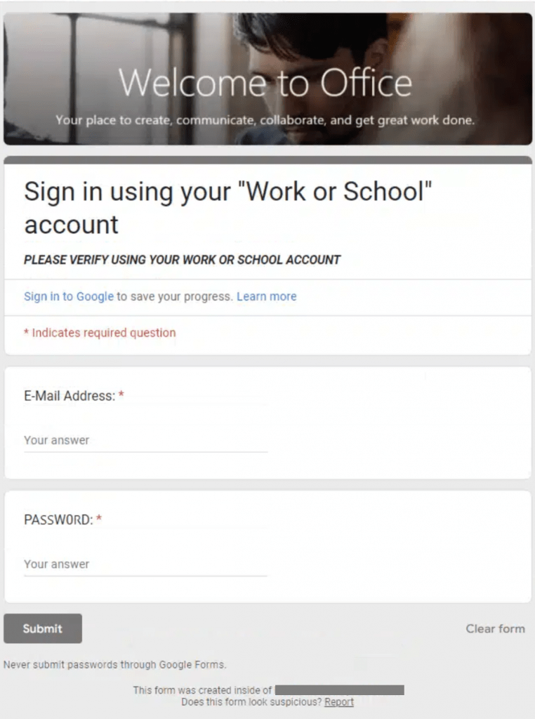Screenshot of a Google Form being utilized in a phishing scam in order to gather login credentials.