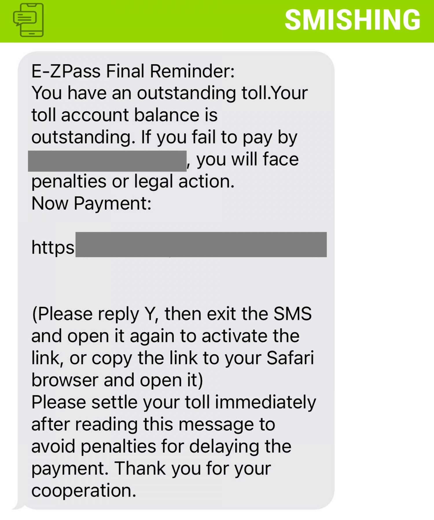 Screenshot of a phishing text message posing as E-ZPass for outstanding toll balance.