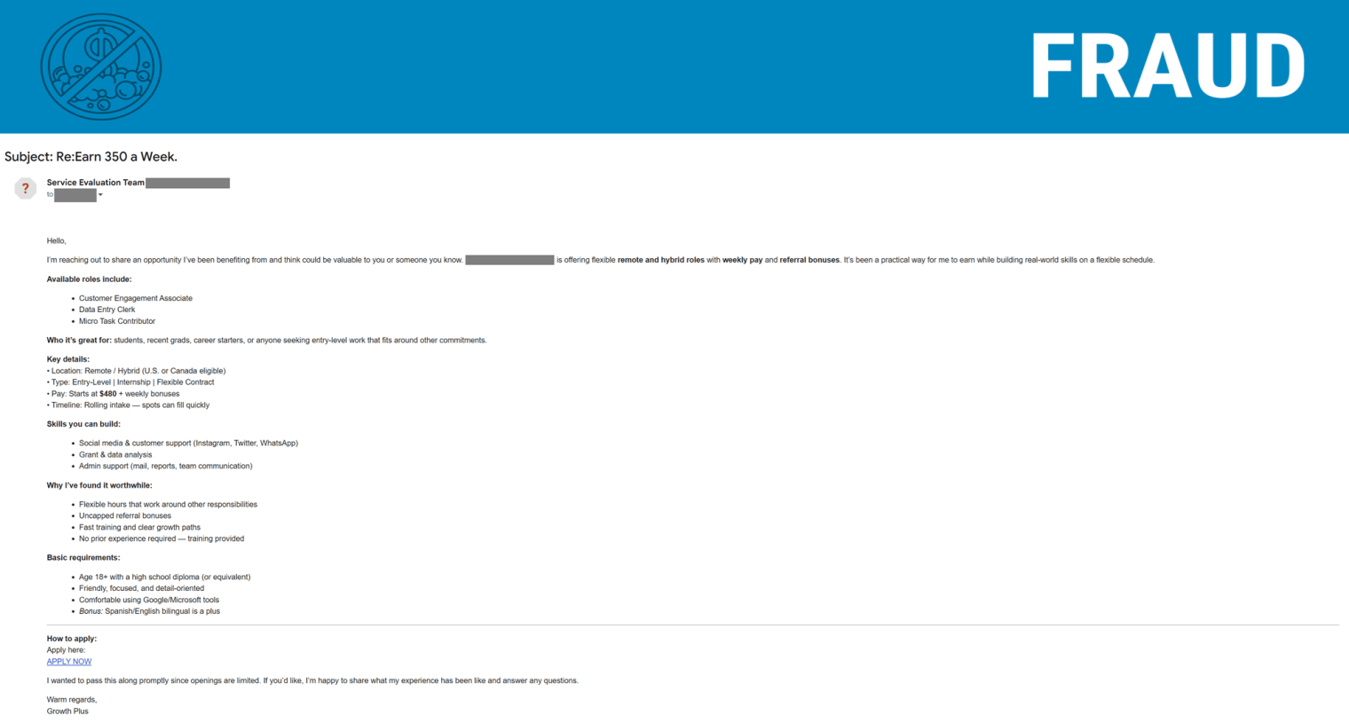 Screenshot of a phishing email posing as a job offer.
