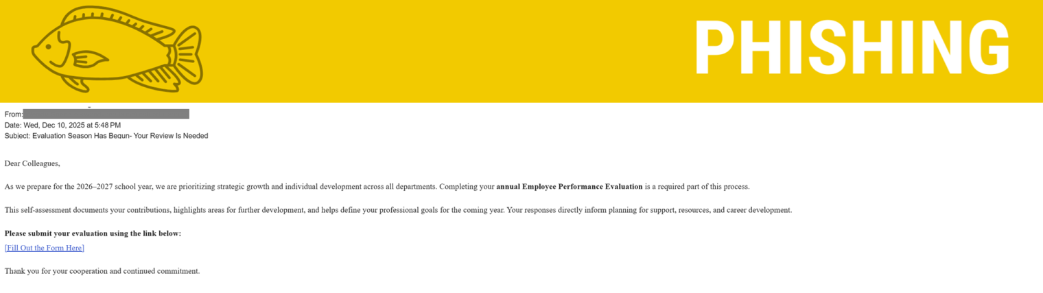 Screenshot of a phishing email about employee evaluations.