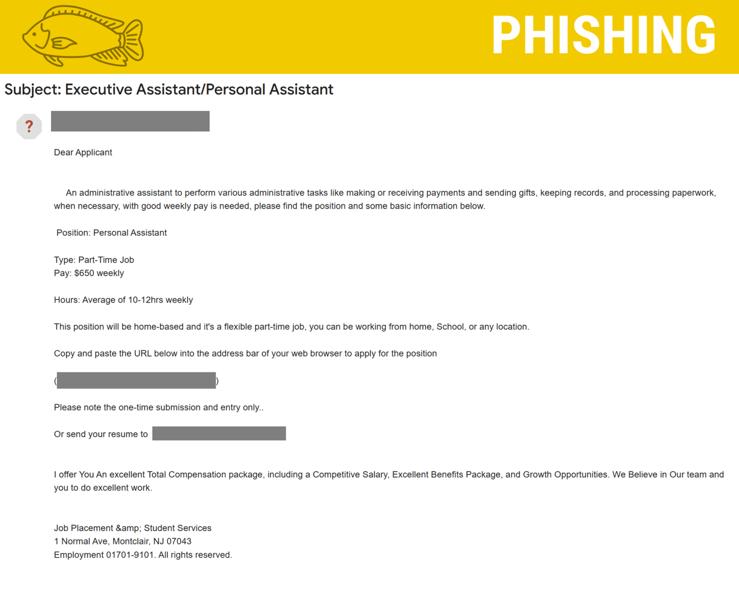 Screenshot of phishing email for a fake job offer.