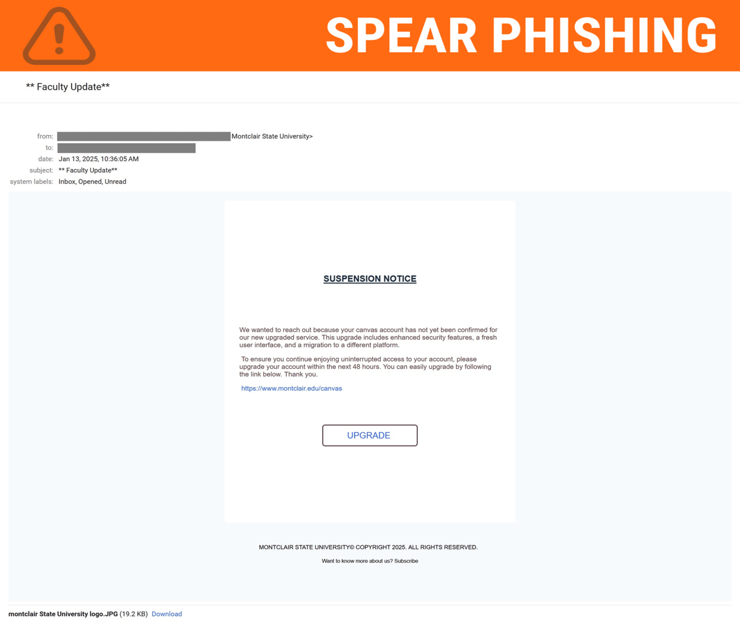 Screenshot of phishing email regarding a faculty update.