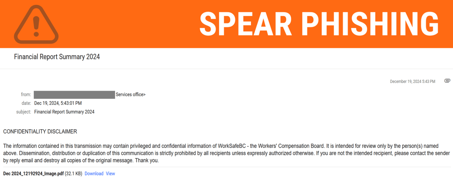 Screenshot of phishing email regarding a financial report document.