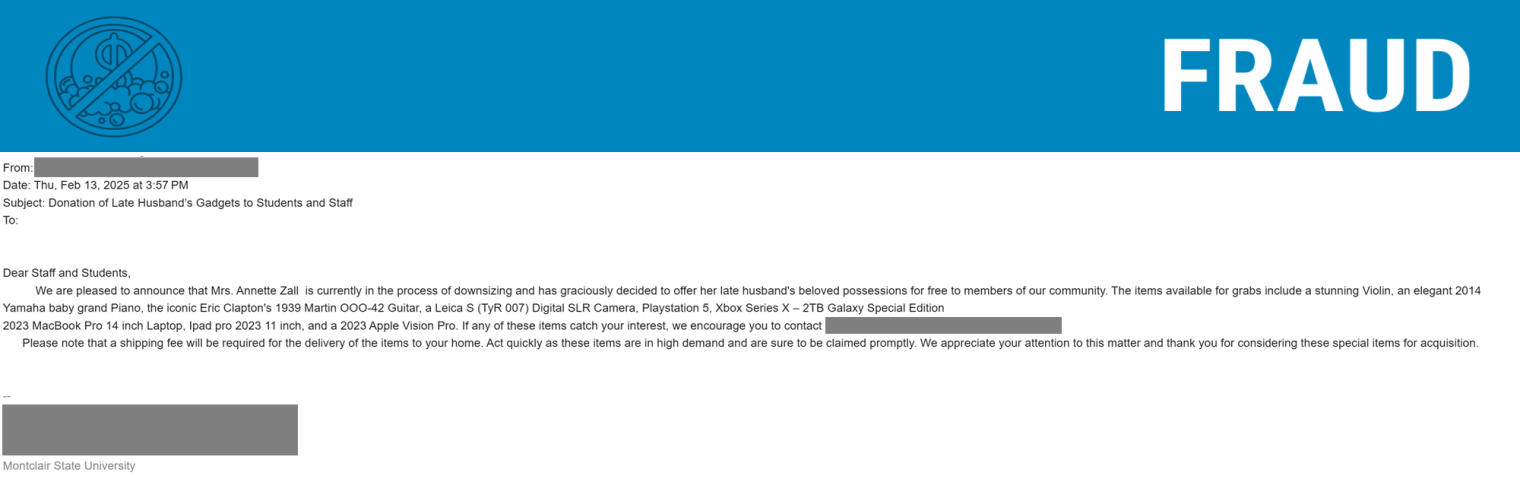 Screenshot of a phishing email giving away items.