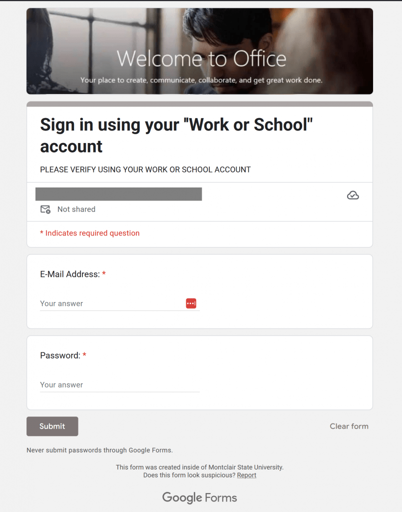 Screenshot of phishing Google Form asking for email and password.