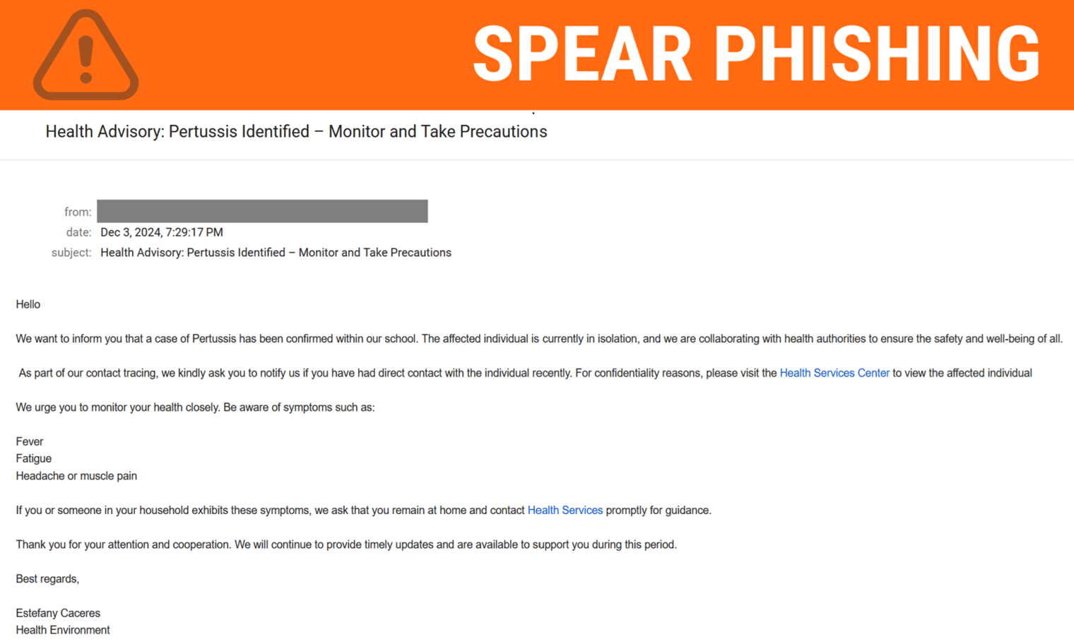Screenshot of a phishing email posing as Health Services regarding a false health advisory. 
