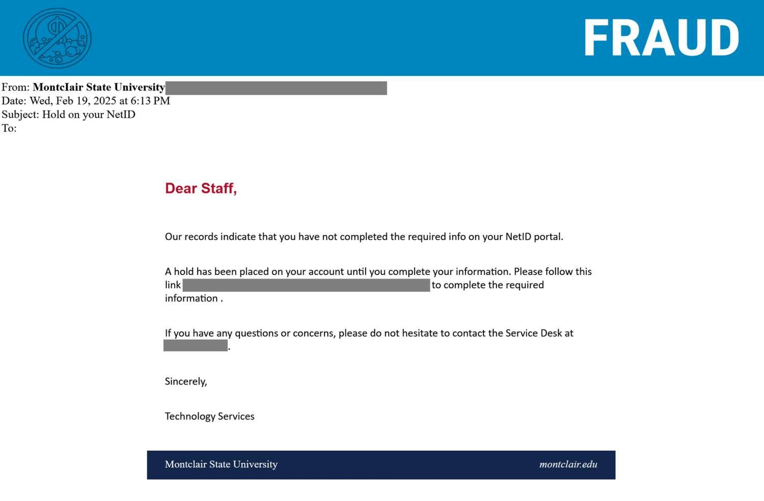 Screenshot of phishing email posing as IT regarding an account being on hold.