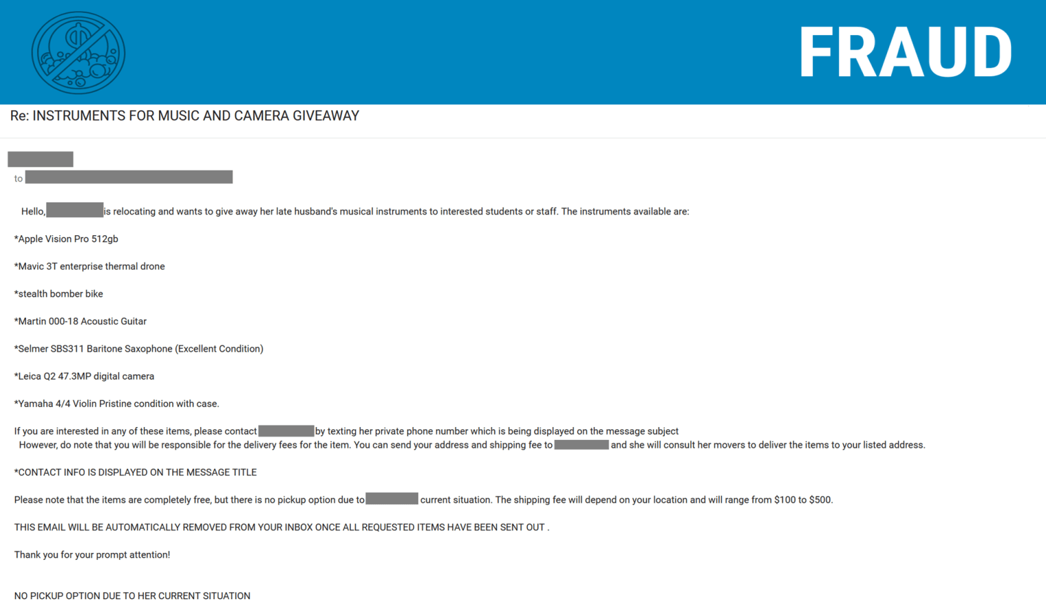 Screenshot of phishing email about free giveaway.