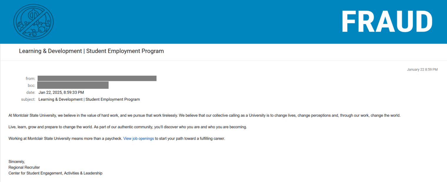 Screenshot of phishing email posing as a job offer.