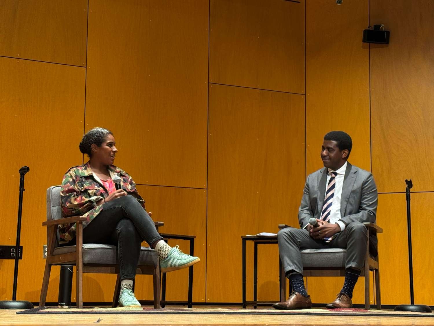 Leyla McCalla, 2025–2026 Artist-in-Residence at the Cali School of Music, with Shea Scruggs, Director of the Cali School of Music, during their on-stage conversation in Leshowitz Recital Hall.