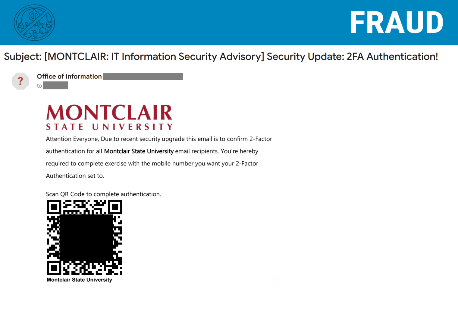Screenshot of a phishing email posing as IT with a QR code for 2FA scam.