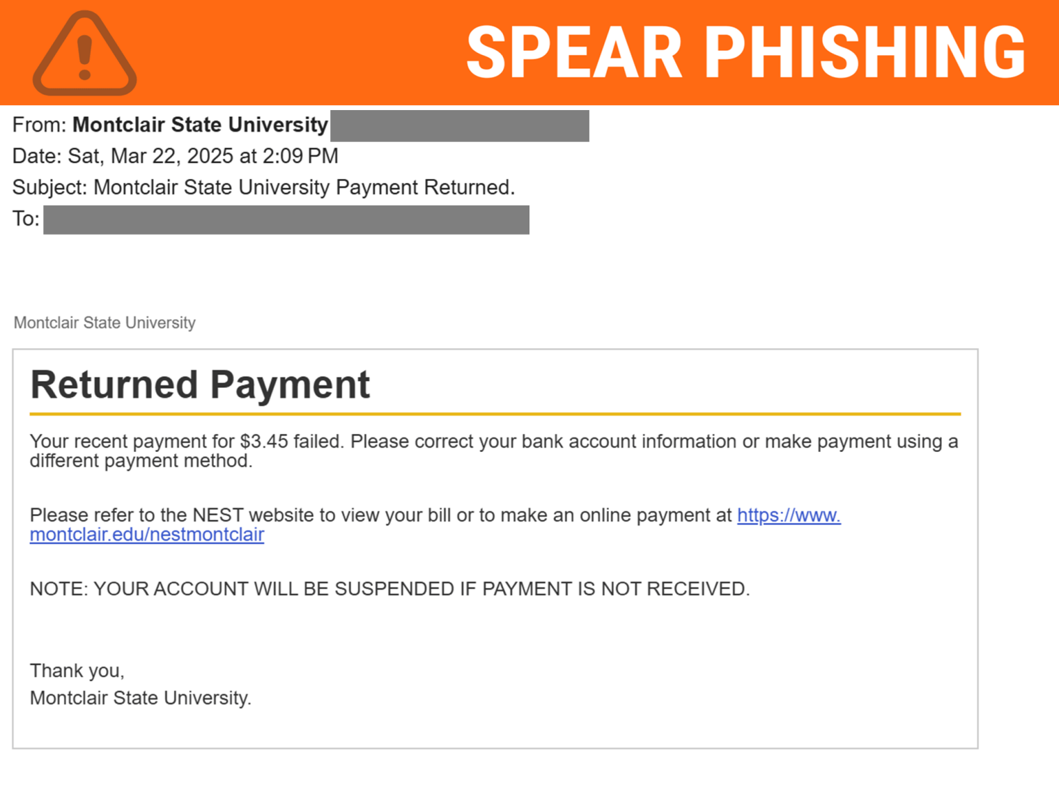 Screenshot of a phishing email posing as a payment return in NEST.