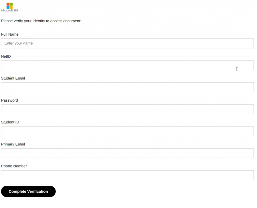 Screenshot of phishing page requesting personal information.