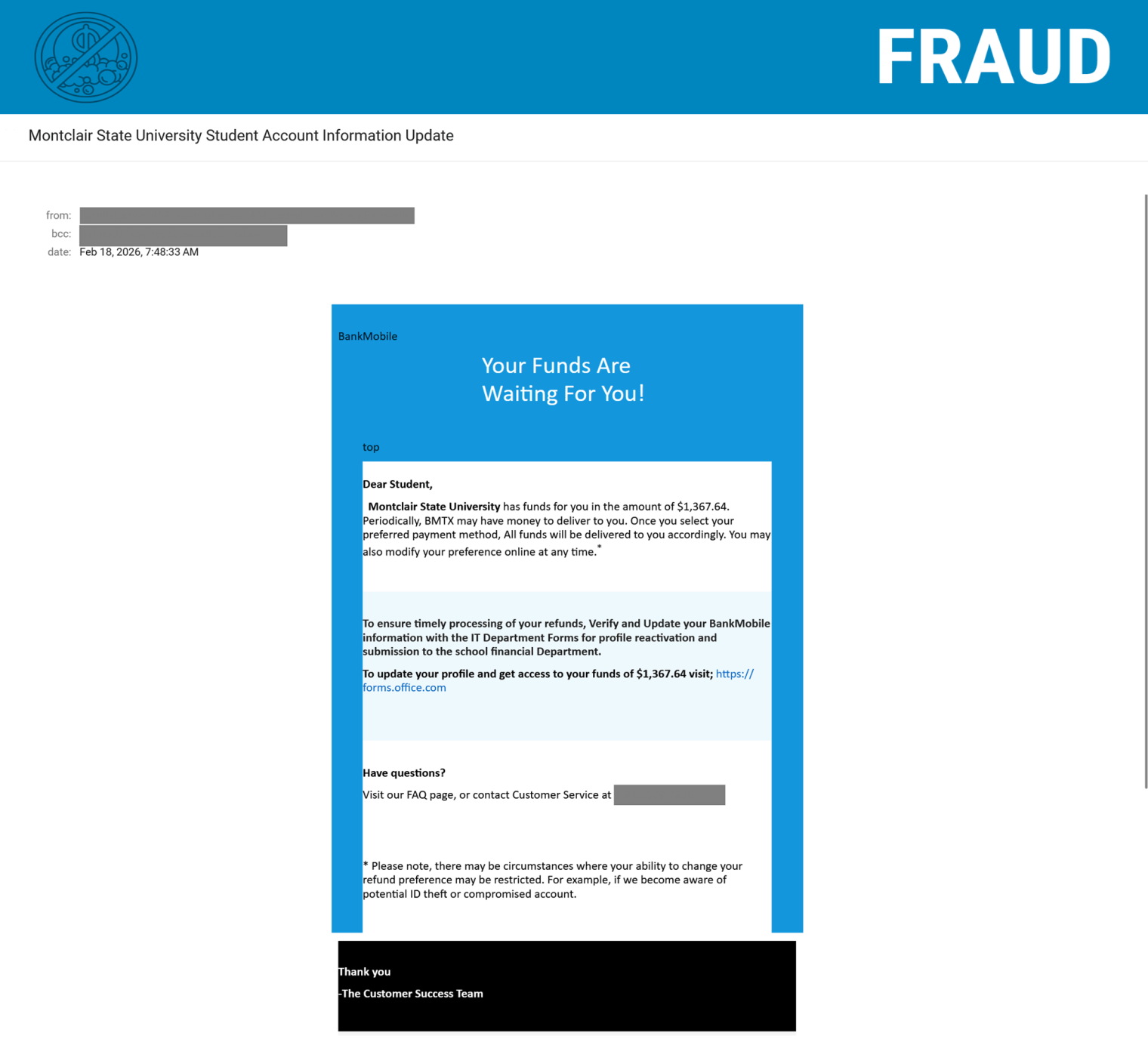 Screenshot of a phishing email posing as Student Accounts